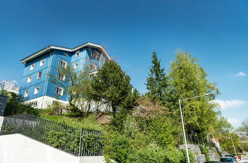 hellblaues Haus, Lutisbach, Perspektive von unten